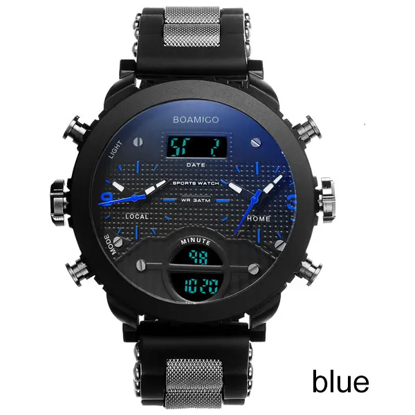 Мужские кварцевые наручные часы BOAMIGO, синего цвета, военные, спортивные, с 3 часовыми поясами и с цифровым светодиодным дисплеем, в подарочной коробке - Цвет: blue