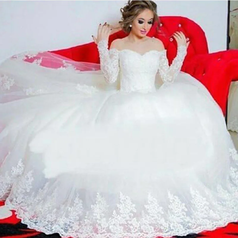 

2019 Glamorous Off the Shoulder Long Sleeve wedding dresses ball gown Bridal Gown Appliqued Princess Wedding gown sweep train