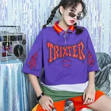 Домашний Harajuku ветер BF цвет половина с высоким воротником письмо вышивка, свободные летние мужские и женские пять очков рукав футболка