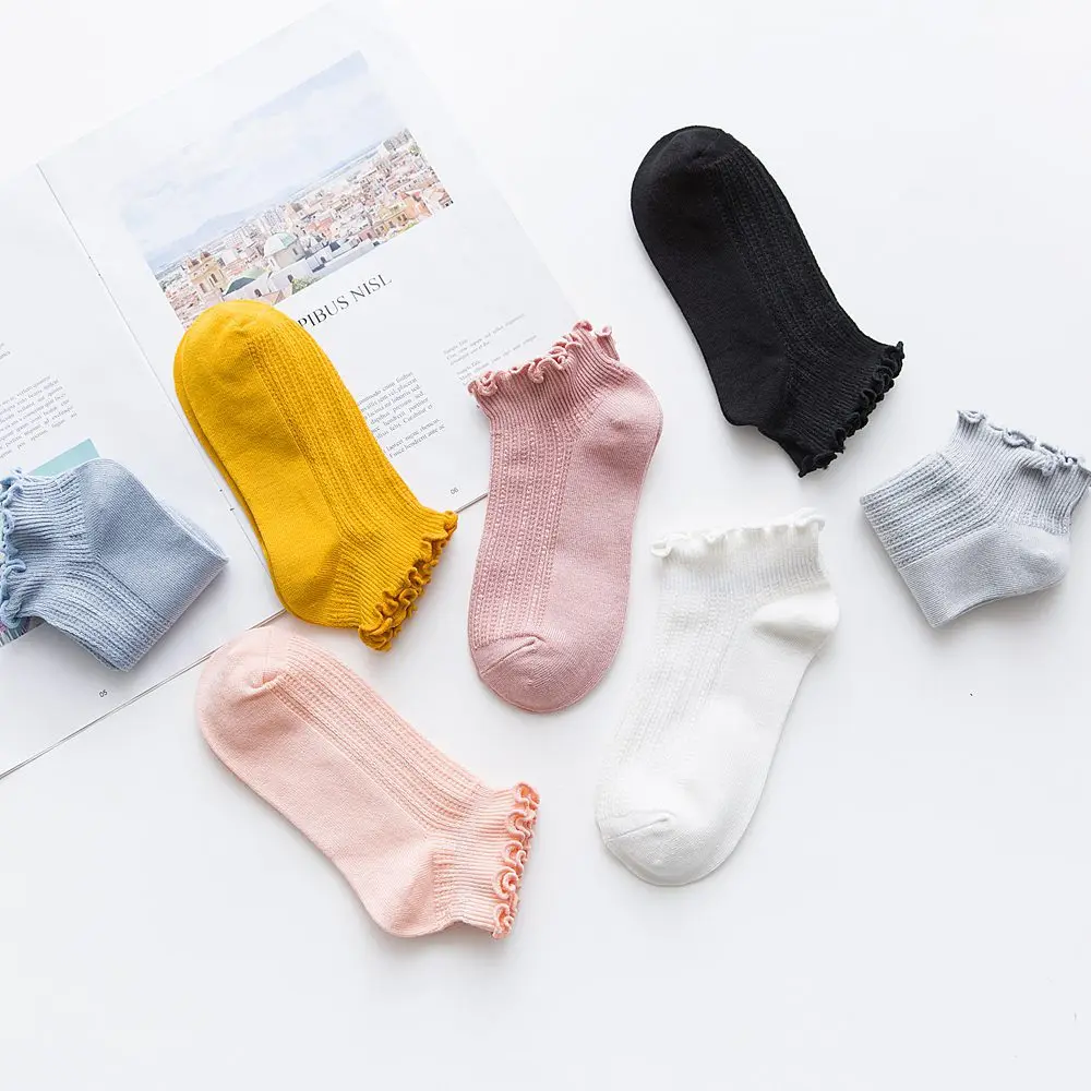 7 Pairs Bamboo Ruffles Socks Cotton Ankle Lovely Frilly Edge Girls' Women Socks Sweet Casual Short Tube Lady Vintage Boat Socks