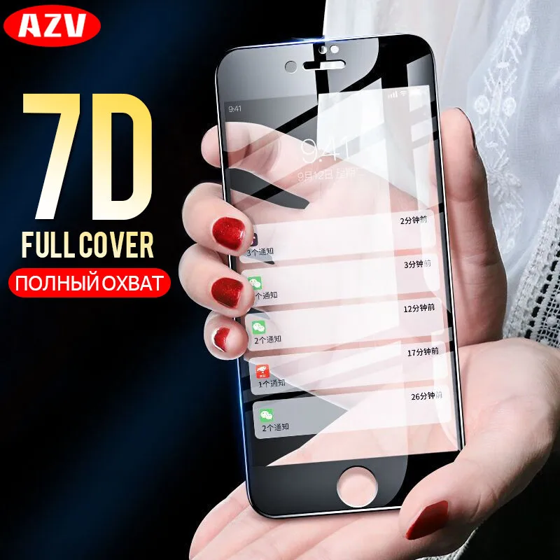 Goedkoop AZV 7D Volledige Cover Gehard Glas Voor iPhone 6 6 s 7 8 Plus Screen Protector Voor iPhone 8 7 6 X Soft Rand Koolstofvezel Glas Film