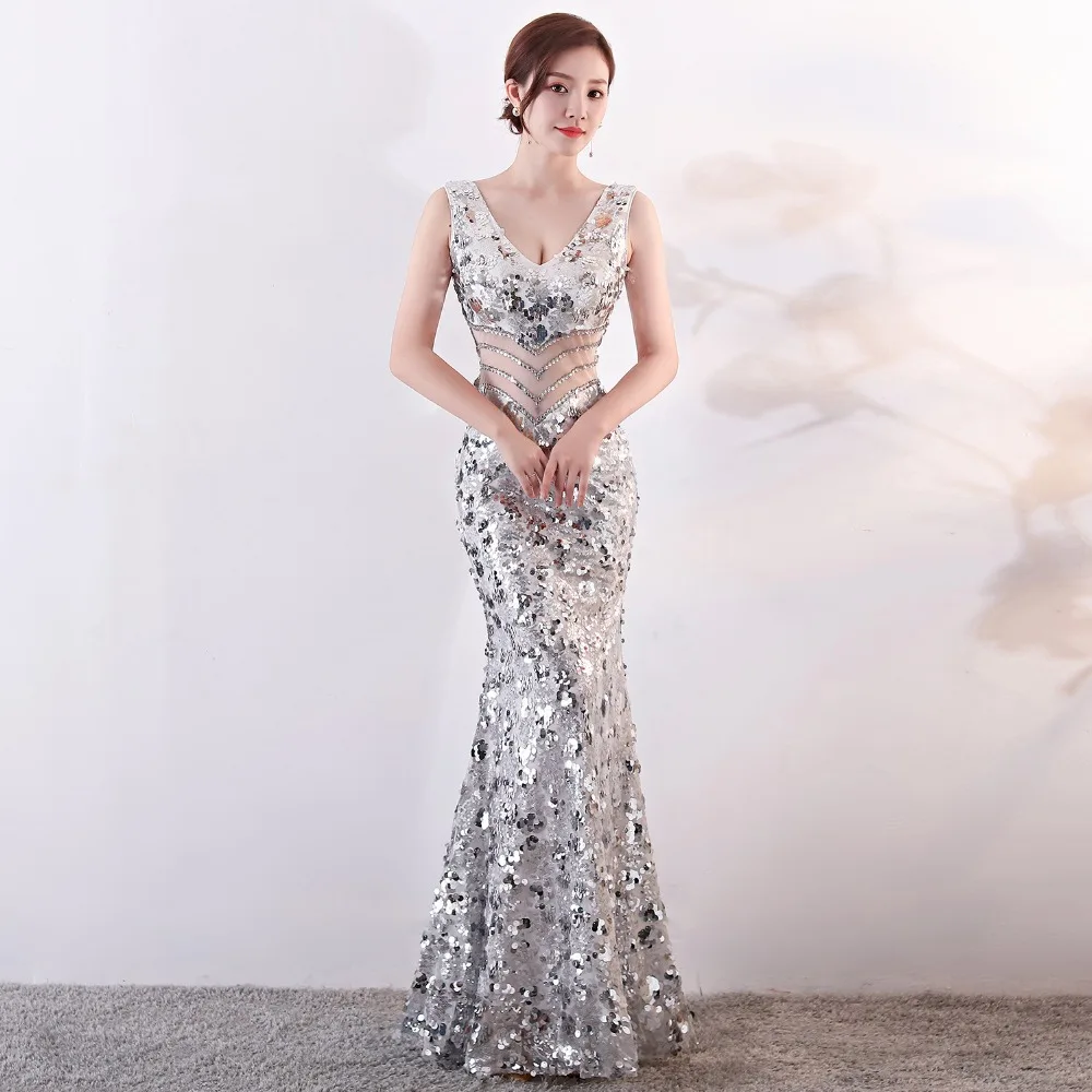 2019 Новый стиль двойным v-образным вырезом вечернее платье vestido de festa официальная Вечеринка платье Роскошные серебро/золото длинные пайетки