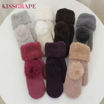 

Super Warm Mittens Women Warm Knitted Gloves Girls Real Rabbit Fur Ball Gloves Ladies Student Warm Thick Gloves Cycling Mittens