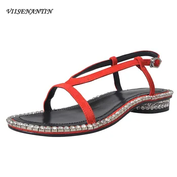 

VIISENANTIN kid suede rhinestone sandals female European personality flat with open toe sexy Roman shoes red black pink