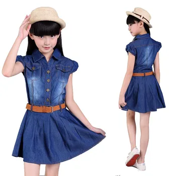 

Summer style girls dress cotton cowboy children princess dresses for 3- 15 years big girls short sleeves dress Turn-down collar