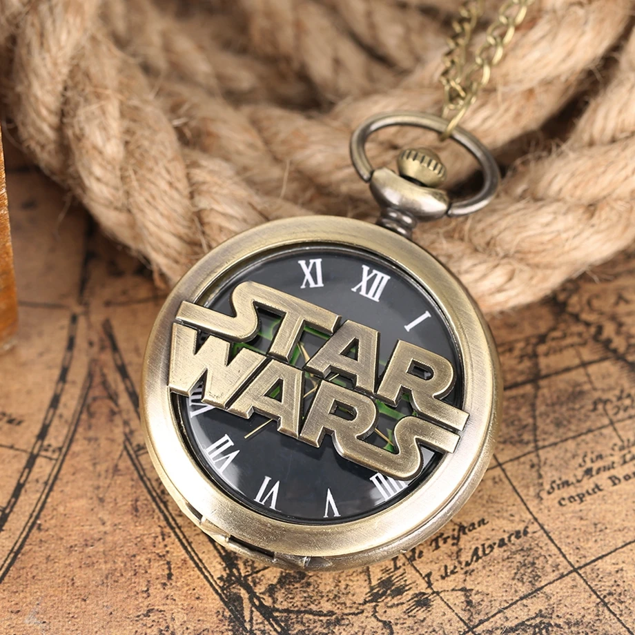 Vintage Retro Holllow Star Wars Theme Quartz Pocket Watch Roman Number Best Gift for Men Women Children Necklace with Chain (10)