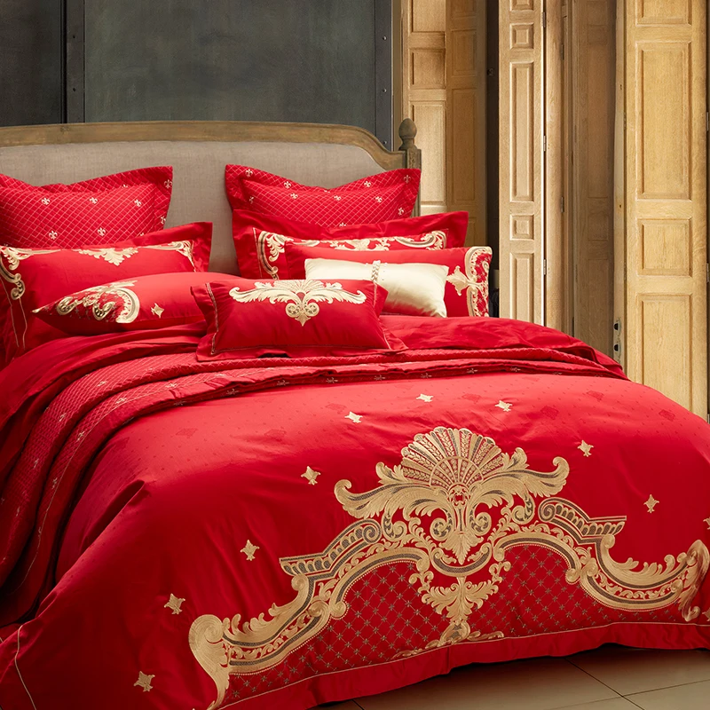 Excellent 1000 Thread Count Red 100% Cotton Wedding 4 Piece Bedding Set Euro Baroque Gold Embroidery Bed Linens Queen King Size Bed Set 1