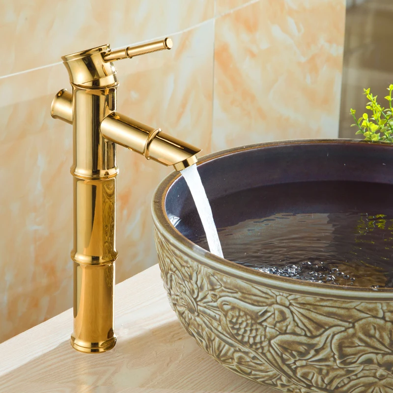 Bathroom Basin Sink Bamboo Style Faucet Basin Mixer Tap Golden Polished