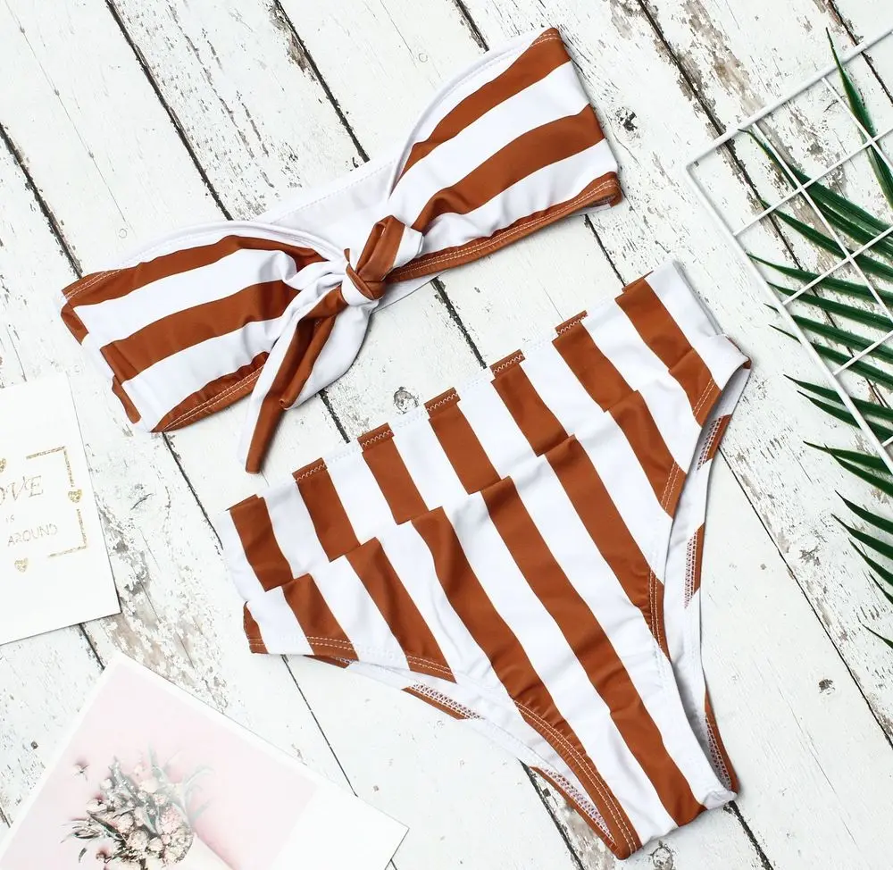 

Sexy Leaf Print Bikini Front Tie Bow Knot Swimwear Women Bandeau Biquini Bandage Bathing Suit Female High Waist Swimsuit