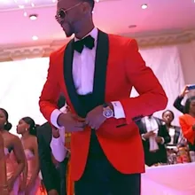 Классический Стиль одна красная кнопка жениха Смокинги для женихов Для мужчин свадебные костюмы для выпускного Жених(куртка+ Брюки для девочек+ жилет+ галстук-бабочка) k: 1163