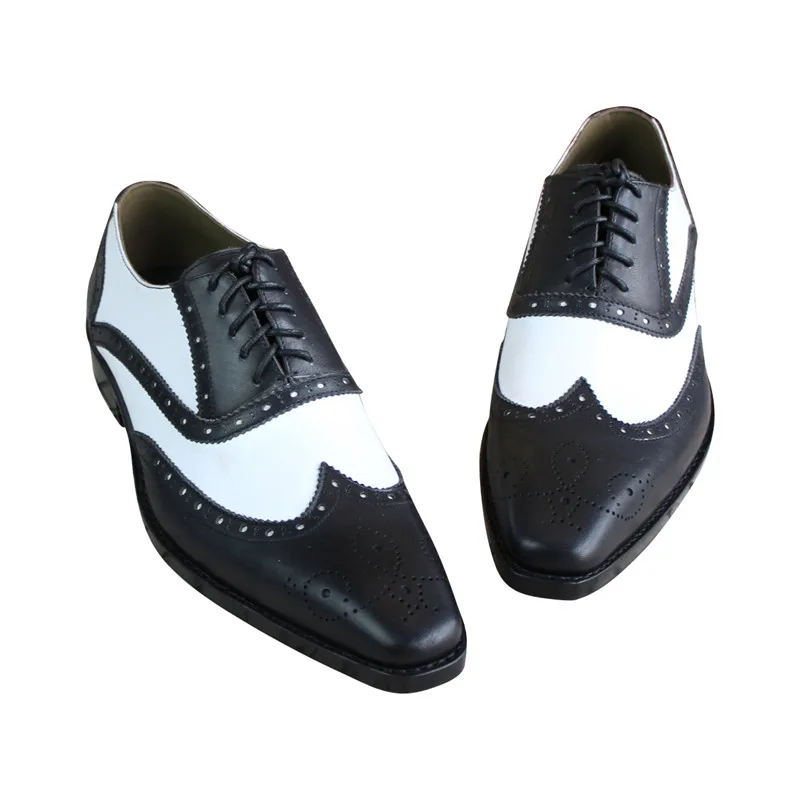 MALONEDA Bespoke White Match Black Genuine Leather Handmade Goodyear Brogue Oxfords Formal Dress Shoes For Men EUR size 37-47