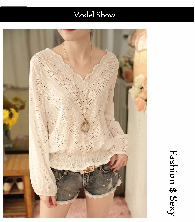 Blusas Femininas 2016 Spring Autumn Women Fashion Plus Size Hollow out Lace Blouse Long Sleeve Sexy Loose White Tops Shirt A602 a