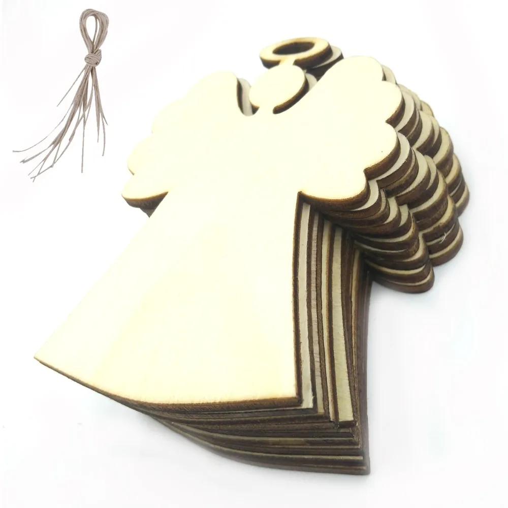 

10pcs 85*59cm Blank Unfinished Wooden Angel Christmas Tree Tags with Strings 2.8" Wedding Decoration Party Craft Supplies