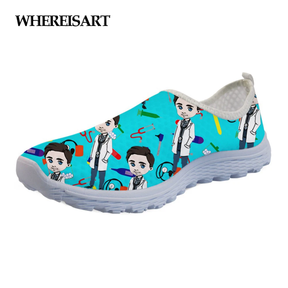

WHEREISART Doctor Medical Profession Pattern Summer Flats Ladies Shoes Casual Sneakers Beach Loafers Light Mesh Slip-on Shoes