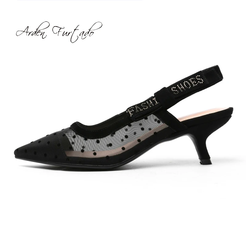 

Arden Furtado 2019 summer stilettos pointed toe dot mesh sandals polka dot high heels sling back sexy party shoes women's shoes