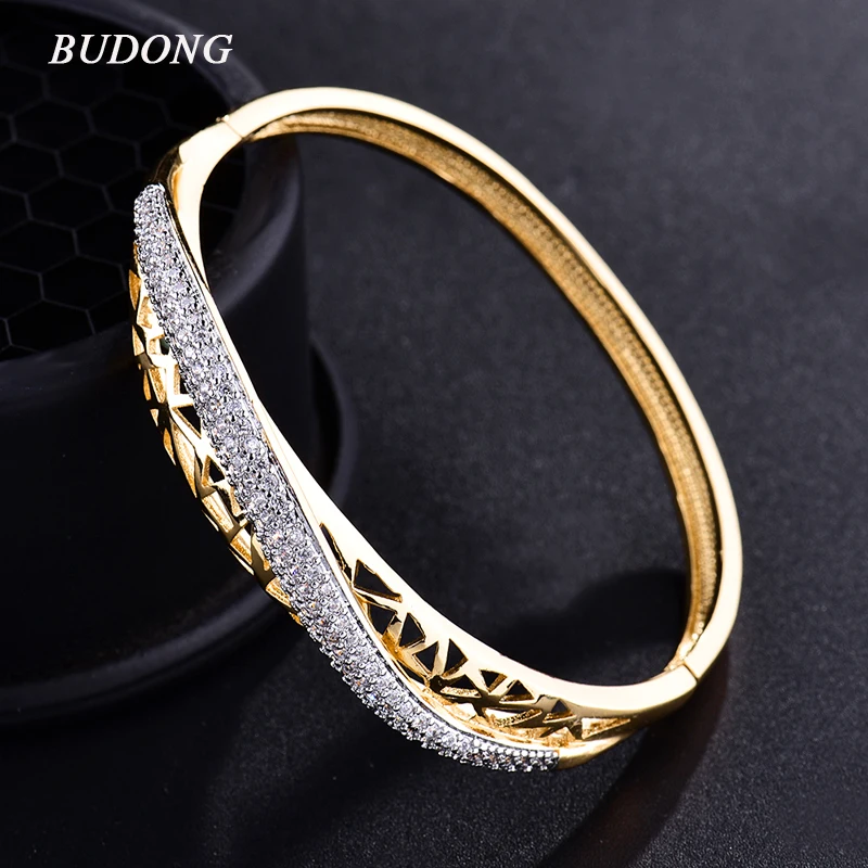 BUDONG модный браслет Huggie для женщин, Серебряный/золотой цвет, nfinity Pulsera, Кристалл циркония, свадебные украшения Z017