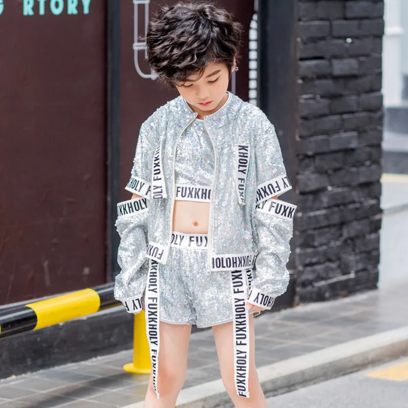 Green Silver Sequin Hip Hop Kids Dance Clothes Stage Outfit Jacket Tank Top Shorts Suit Girls Boys Hiphop Jazz Street Costume