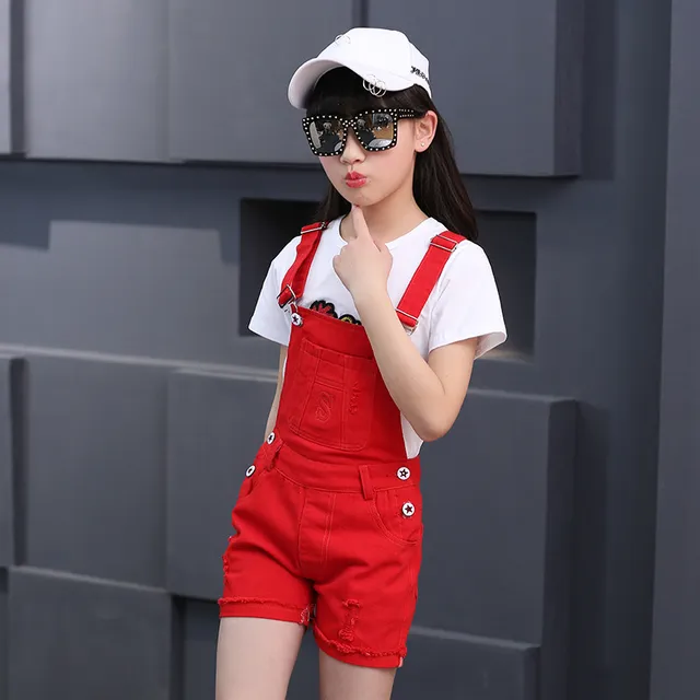 100 Cotton Solid Black White Red Short Overalls For Girls Age 4 12