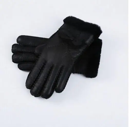 Зимние теплые меховые перчатки для женщин ручной работы натуральная кожа Теплые Перчатки женские овчины шерсть мех натуральная кожа перчатки - Цвет: Black