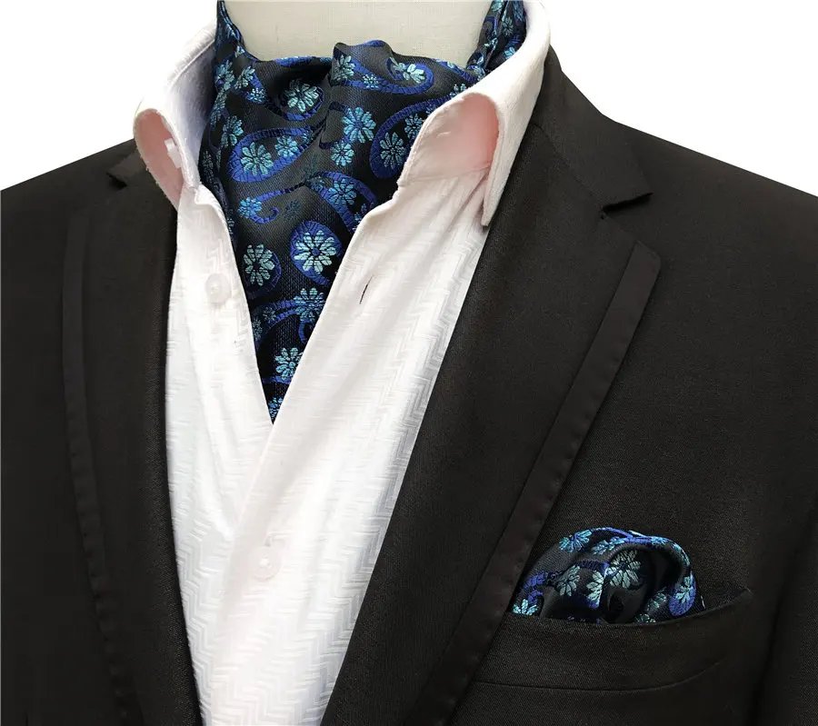 2 Pcs/Set Popular Men Formal Scarf Set Fashion Paisley Floral Scarves with Handkerchief Sets mens navy scarf