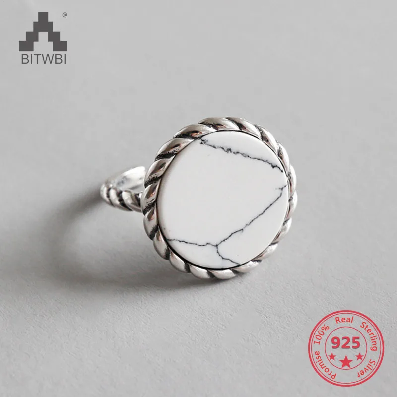

100% S925 Sterling Silver Open Ring Retro White Turquoise Twist Rim Rings for Women Adjustable Silver Jewelry