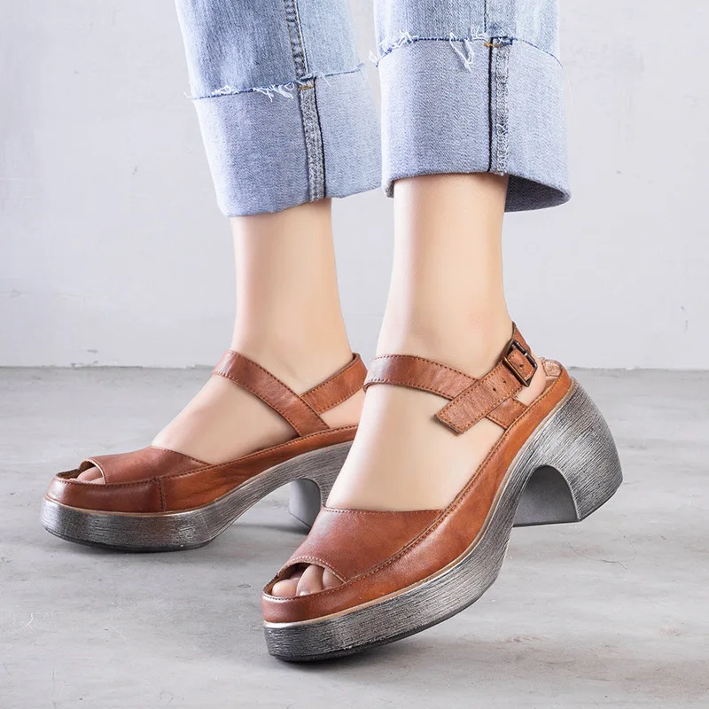 

Artdiya Original New Women Sandals Summer Round Toe Leisure High Heels Rough Heels Sandals Cowhide Platform Button Roman Shoes