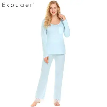 

Ekouaer Women Spring Autumn Soft Pajamas Sets Sleepwear O-Neck Long Sleeve Sleep Shirts Long Pants Pajama Set Loungewear