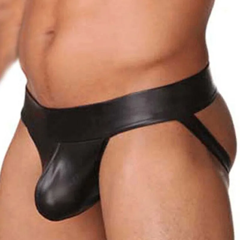 

2016 Hot Sale Sexy Mens Male's Black Thongs Underwear Faux Leather Jockstrap Underwear Erotic Size S M L XL
