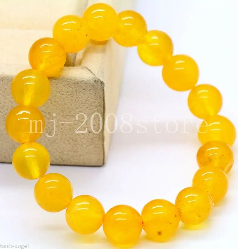 

8/10mm Yellow Chinese Natural Jade Jadeite Elastic Bead Bangle Bracelet 6-8.5"