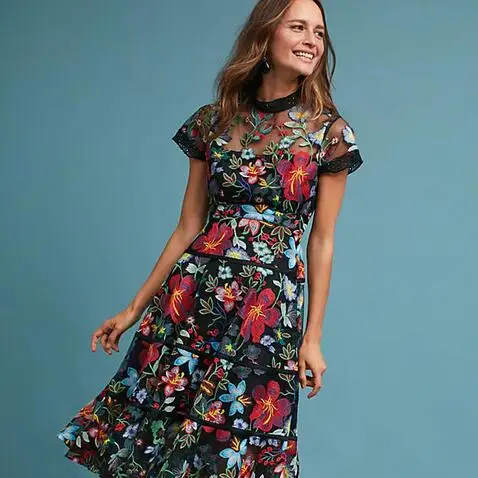Flower Embroidery Lace Dress Women 2019 Summer Runway Soiree Longue Short Sleeve Sexy Party Long Dresses WF303 | Женская одежда