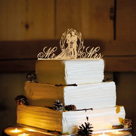 Смешанный стиль дерево деревенский свадебный торт Топпер жениха и невесты силуэт, Mr& Mrs Топпер для украшения свадьбы юбилей - Цвет: Светло-зеленый