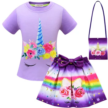 

2019 Toddler Kids girls clothing set children unicorn printed T-shirt+dolls pattern Skirt 2pcs suit+printed bag kids clothes set