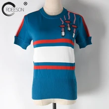 Ordeeson Губная помада вышивка губ рубашка в полоску Футболка женская летняя обувь Топ Wonder Woman крючком Лидер продаж продуктов