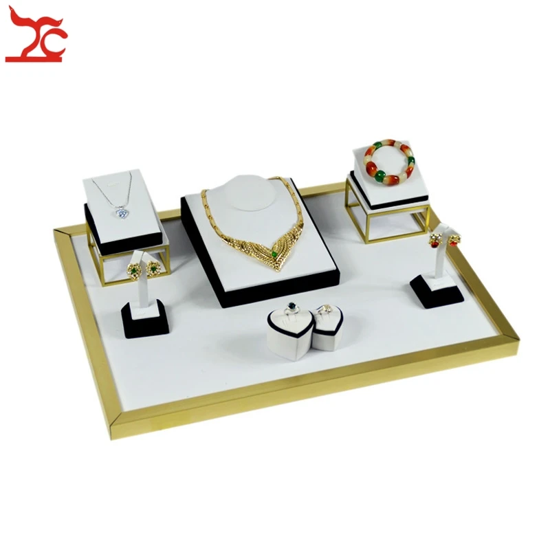 

Fine Stainless Steel Jewelry Display Showcase White PU Ring Earring Organizer Necklace Bust Pendant Display Stand Set52*38*15cm