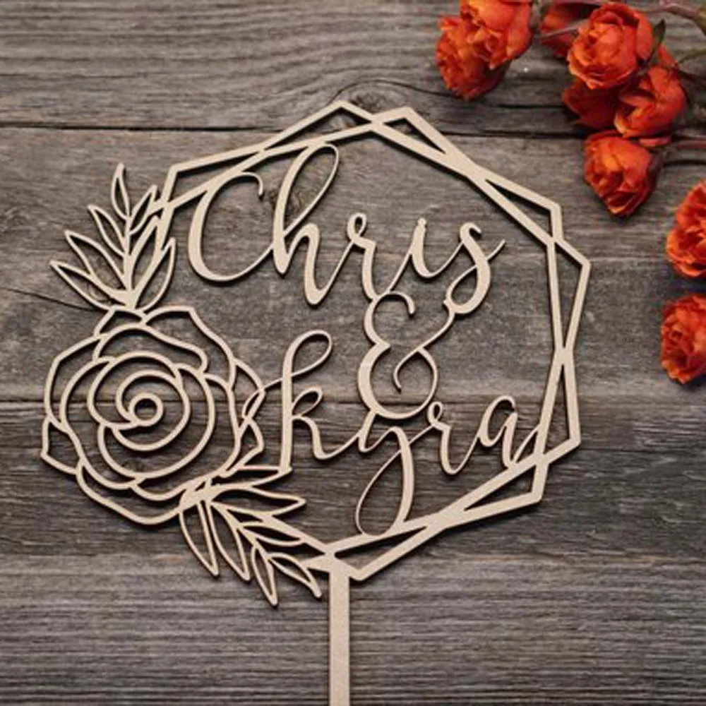 

Personalized Wedding Cake Topper Rose Hexagon Geometric Topper Wedding Trendy Cake Topper Modern Cake Topper with custom name
