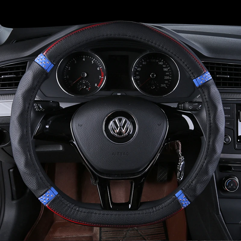 

KKYSYELVA D Shape Steering-Wheel Black Auto Car Steering Wheel Cover Leather 38CM wheel cover Interior accessories