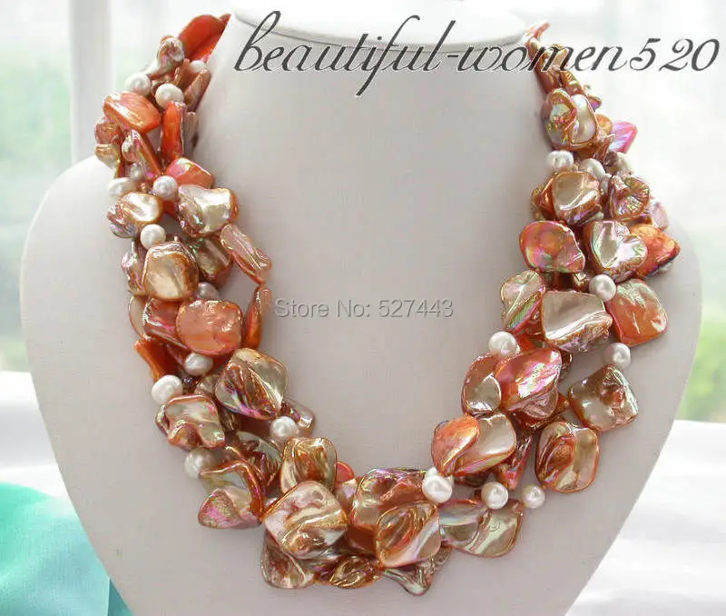 

Wholesale free shipping >>5row 18" square jacinth shell round pearl necklace