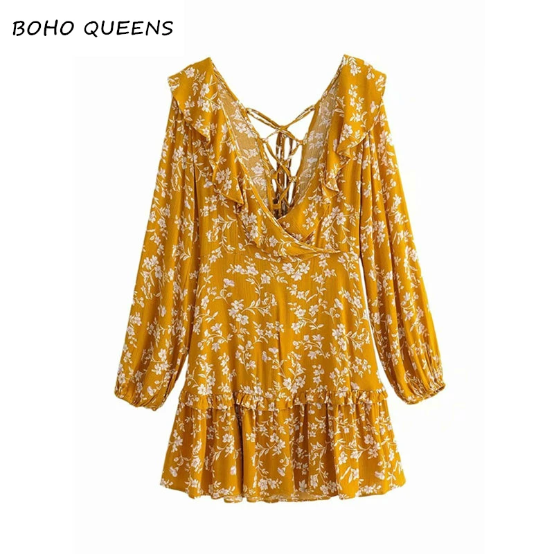 

Boho chic women floral print Vacation beach long Bohemian mini dress Ladies V neck ruffles Summer Boho dress