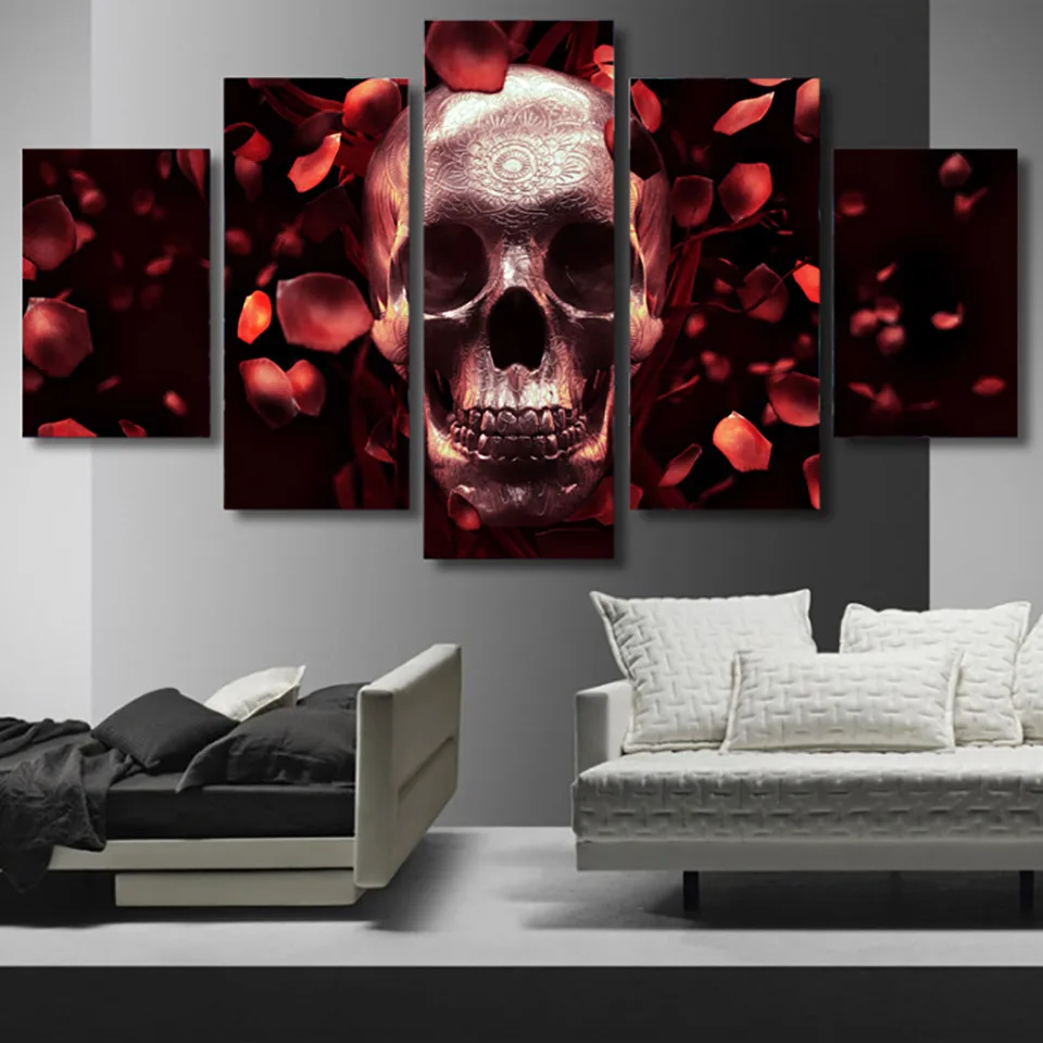 Us 5 27 43 Off Living Room Home Decoration Posters Wall Art Pictures 5 Panel Roses Skull Full Res Modern Painting On Canvas Frame Hd Printed In