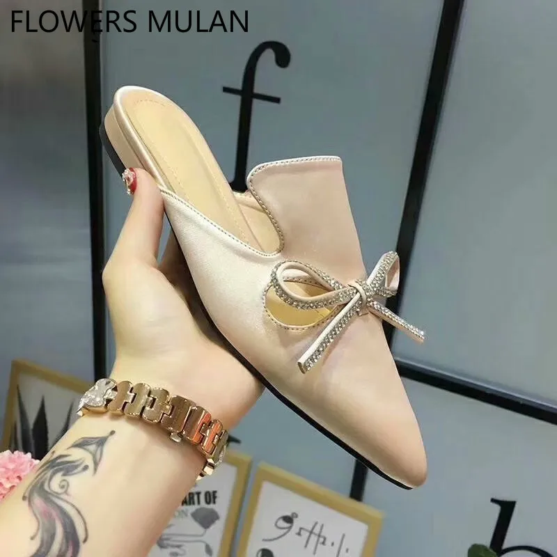 

Luxury Black Beige Silk Upper Flat Woman loafers Shoes Chic Pointed Toe Slip On Ladies Casual Shoes Bling Crystal Bowtie Slipper