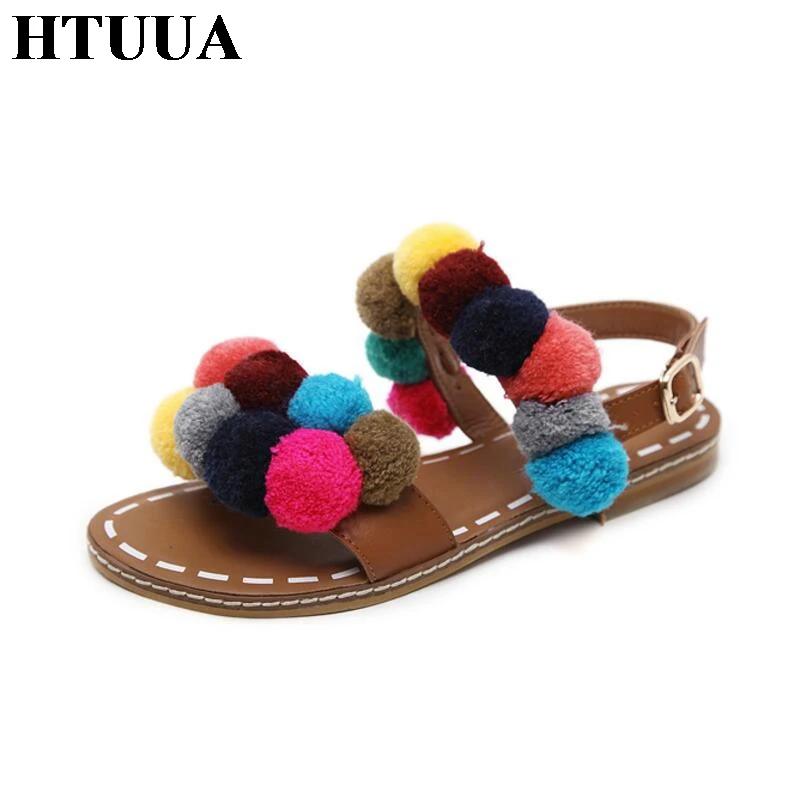 

HTUUA 2018 New Summer Flat Sandals Women Bohemian Roman Style Colorful Fur Ball Ankle Bandage Gladiator Sandal Beach Shoes SX911