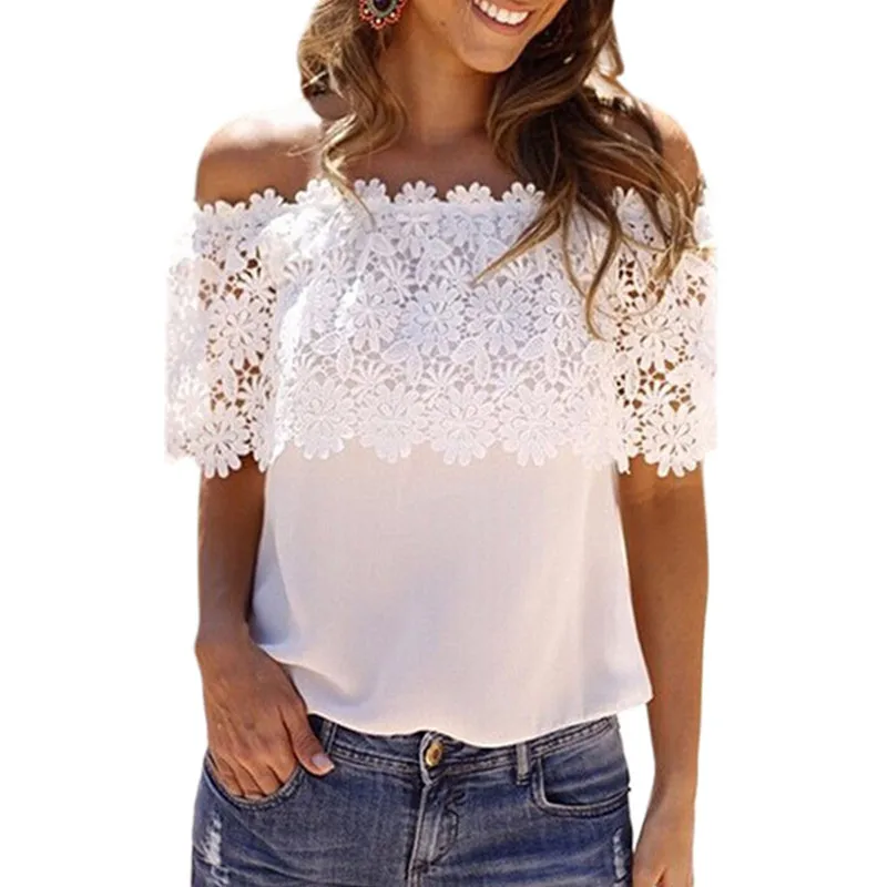 Summer Fashion White Lace Spliced Off Shoulder Chiffon Top Ruffled ...