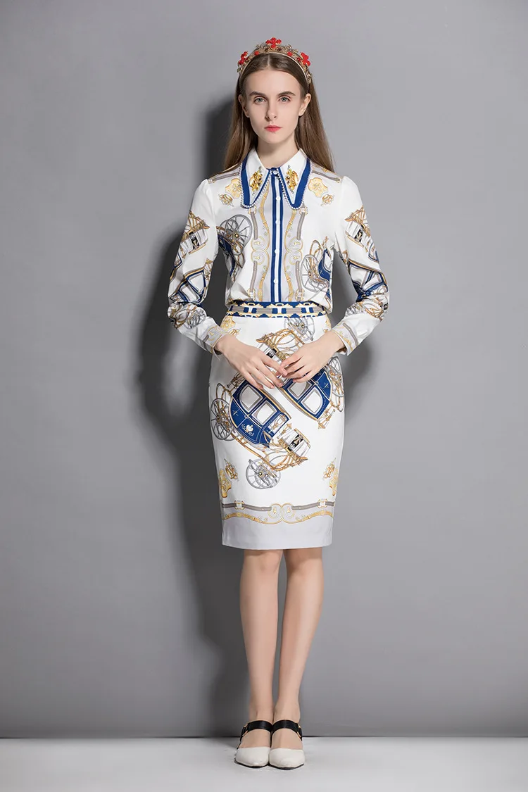 Manches Mode Femmes Deux Avec Multi Imprimé Longues Robes Chemises Ensembles De Le Perles Vers Jupes Pièces Floral Tournent Crayon Bas YW6fqYn