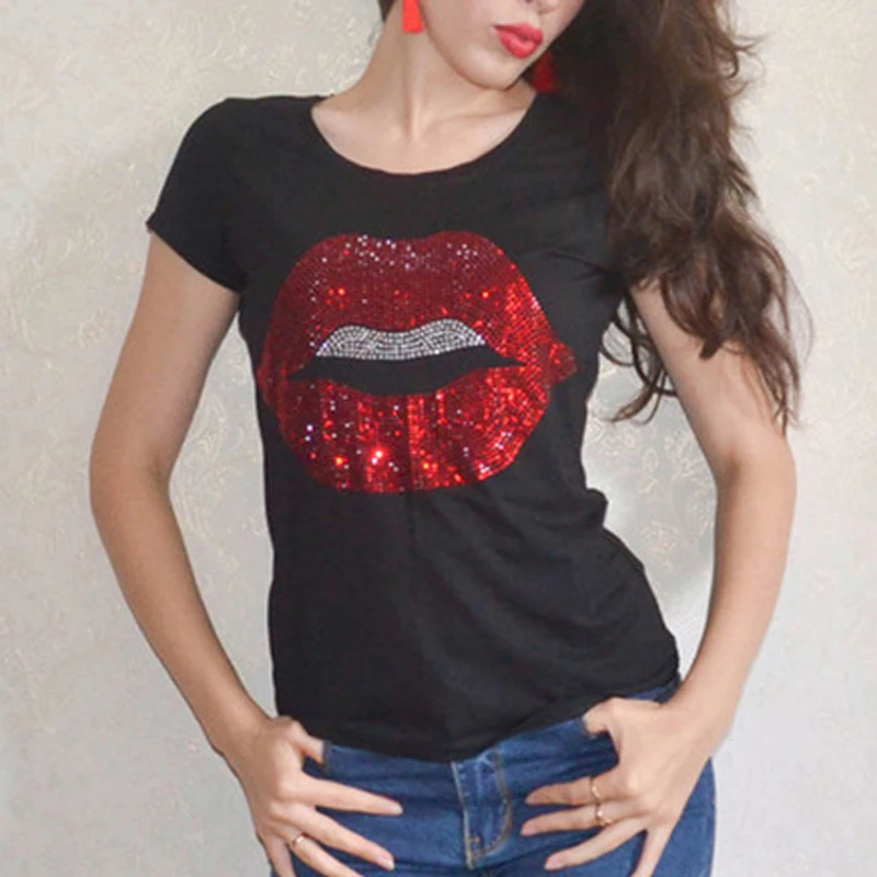 

QINGSHI Shining sexy lip print Womens T-Shirt short sleeved Basic Top Tees S-4XL plus size Female Casual T-Shirts Summer Tops