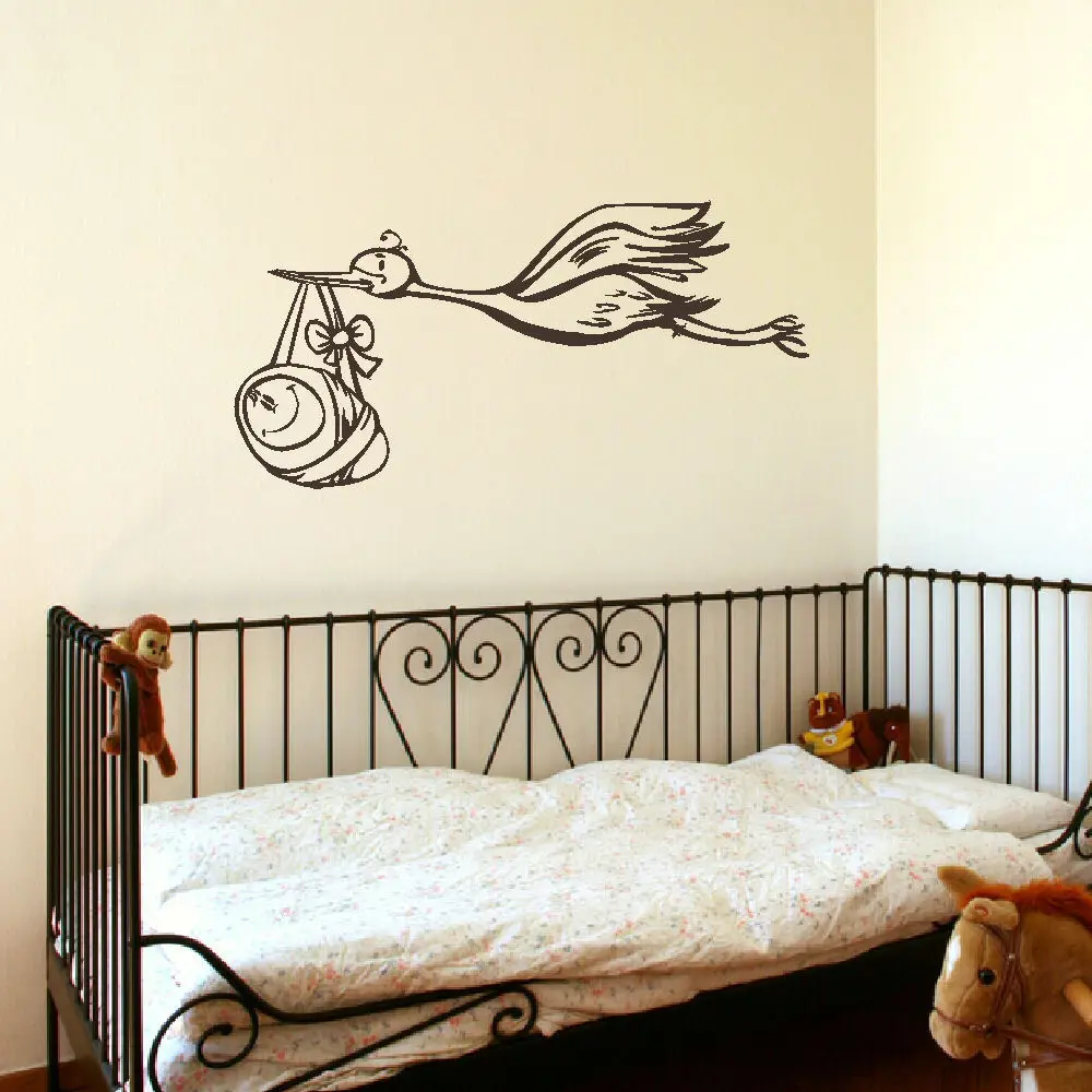 Grand Cigogne Bébé Nursery Enfant Chambre Mur Murale Sticker Autocollant Vinyle Transfert