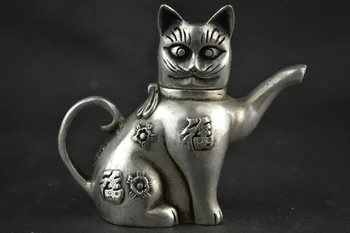

Elaborate Chinese Collectible Decorate Handwork Old Tibetan silver cat statue Lucky tea pot