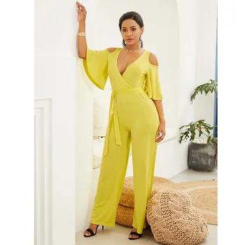

Women Solid Color Jumpsuit Off Shoulder Deep V Neck Loose Slim Fit Casual Rompers XRQ88