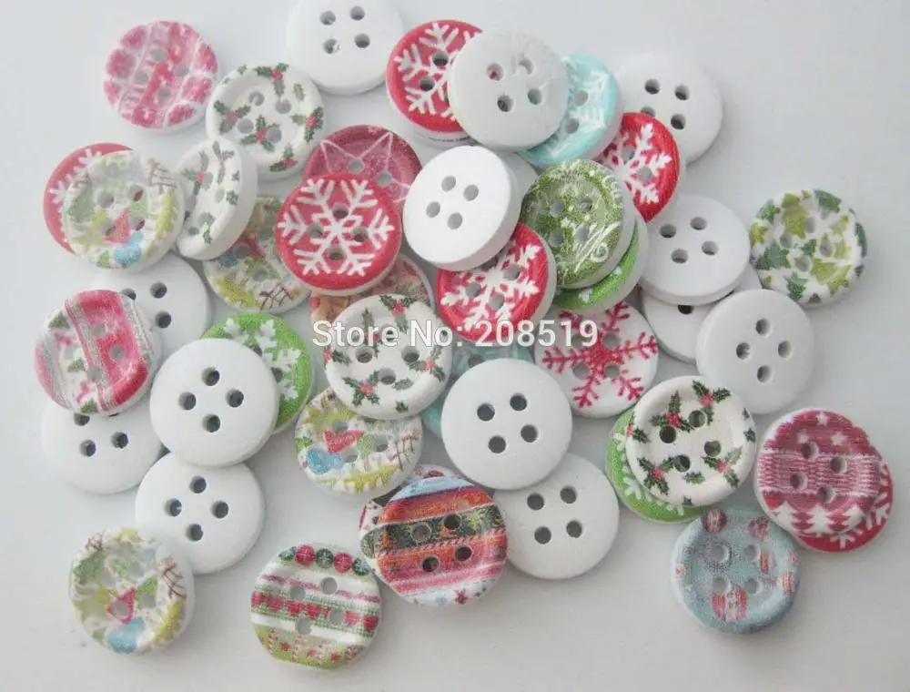 WBNAEV 15MM 18MM 20MM Printed christmas Buttons 100pcs 4 holes round