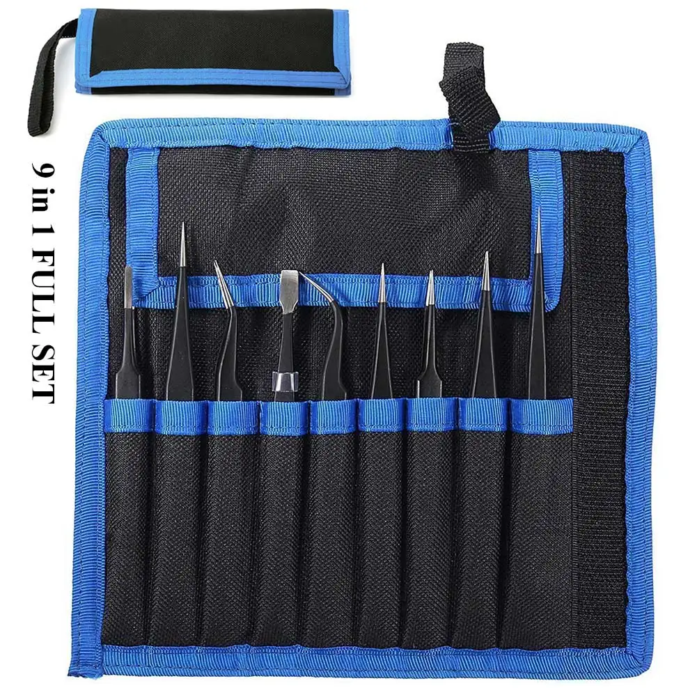 

9 Pcs/Set Precision Tweezers Tools Kit Anti-static Stainless Steel Tweezers with Storage Bag for Lab Electronics Jewelry GHS99