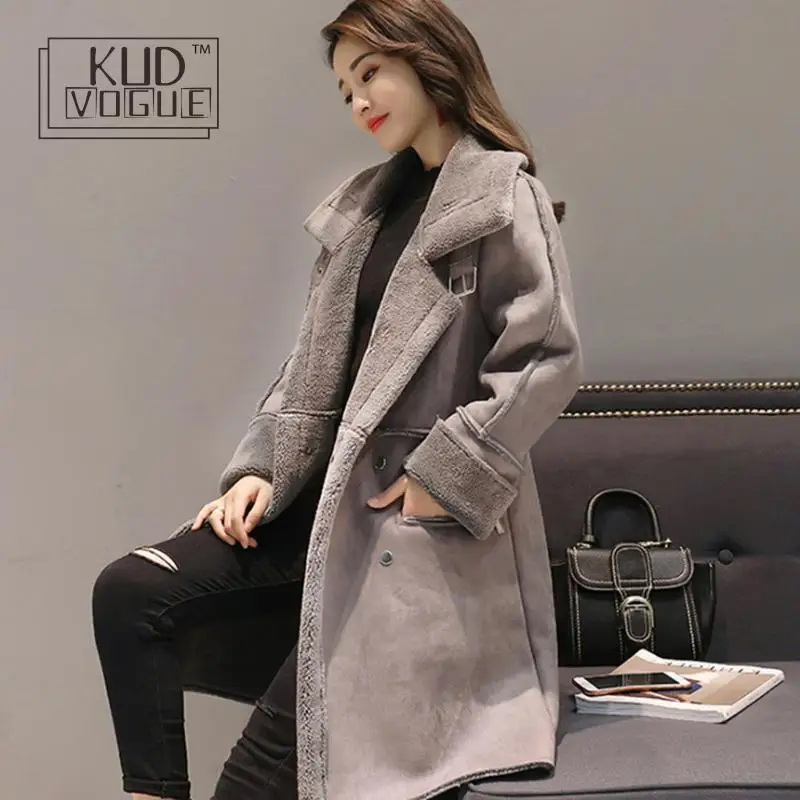 Goedkoop Vrouwen suede bont winter jas 2019 mode rits pocket dikke kunstmatige schapenvacht lange jas jas vrouwen warm windjack